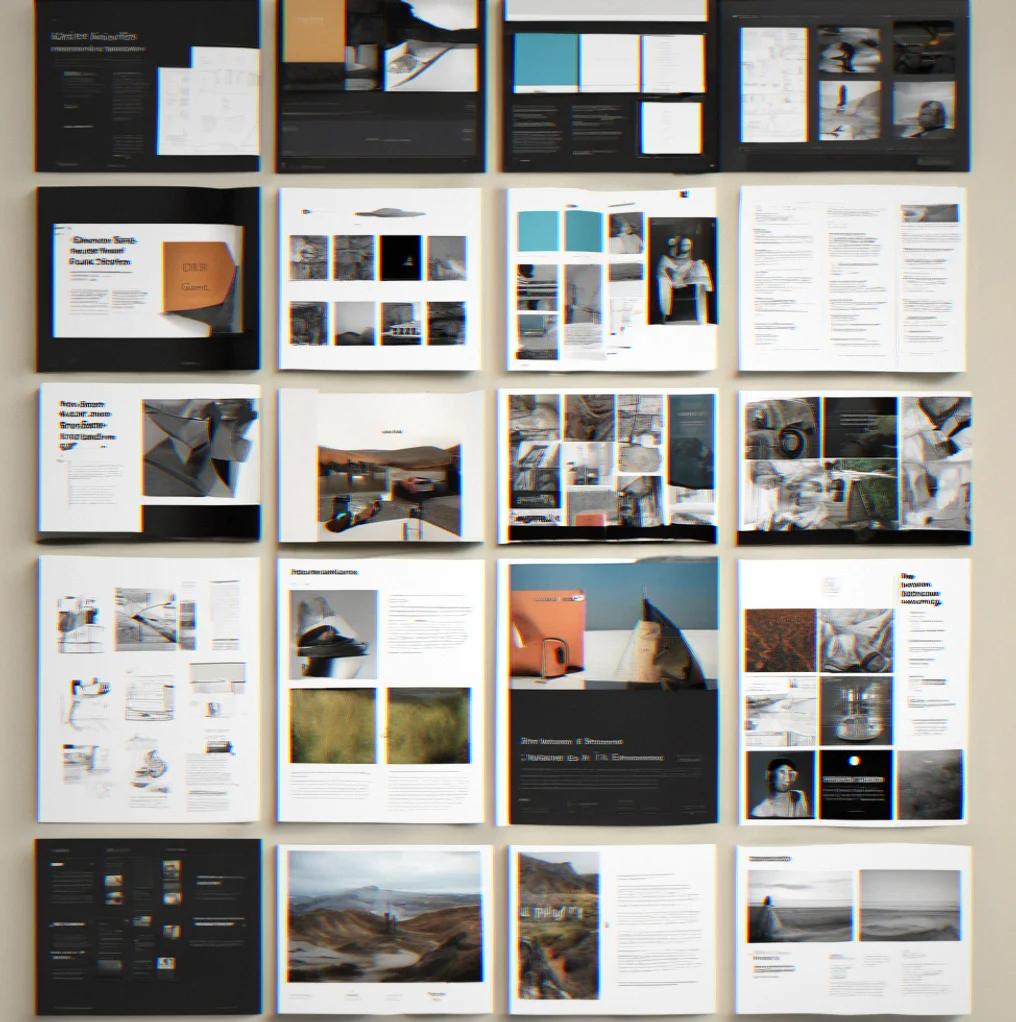 A designer's portfolio showing a dozen case studies laid out in three columns, dark theme with a custom serif font throughout