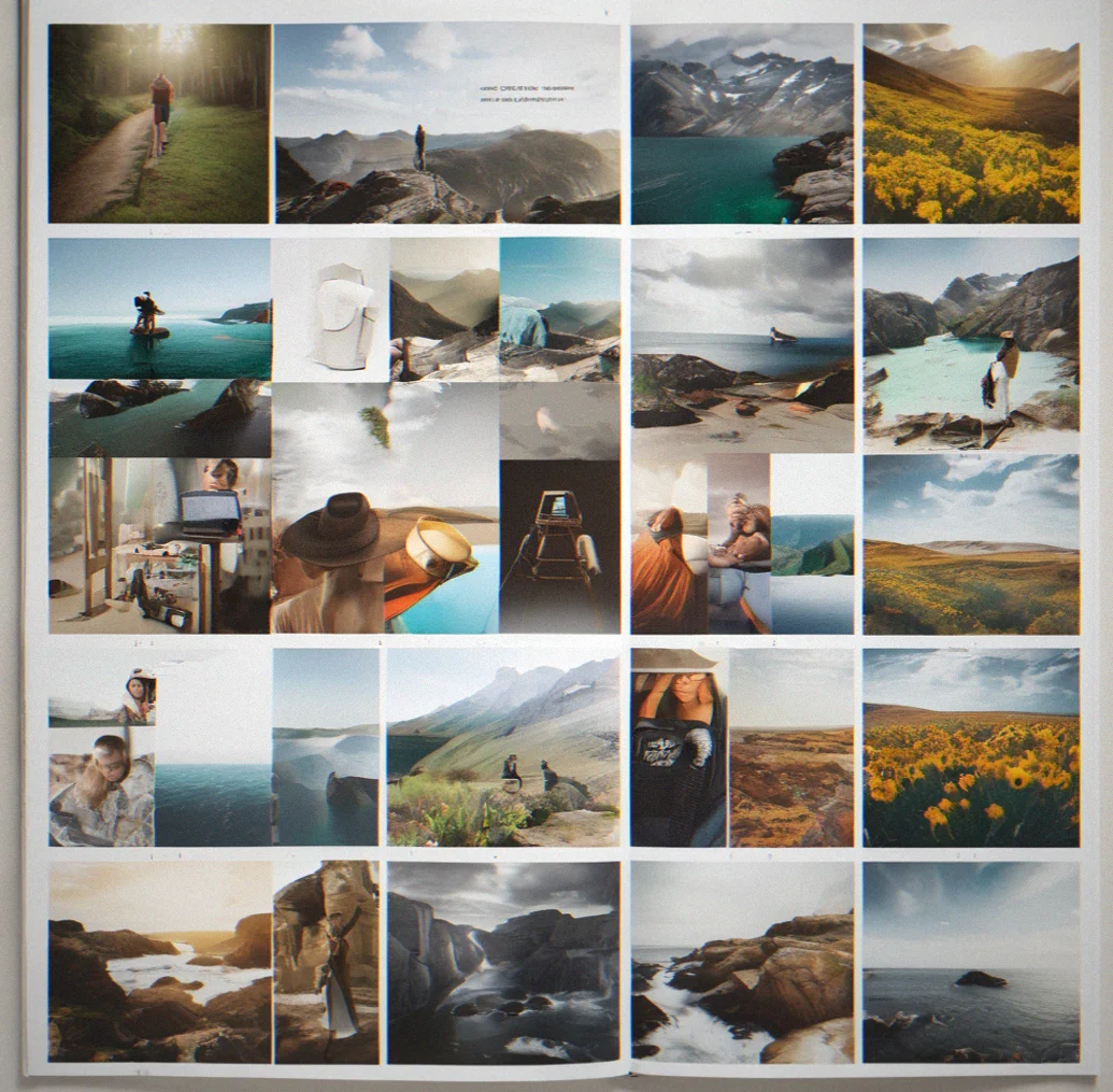 Photographer's grid layout packed with high-res photos from a series, keeps text minimal, light background